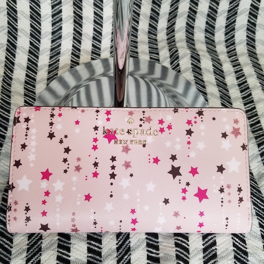 MAKE AN OFFER NWT Kate Spade Staci Twinkle Printed Large Slim Bifold Wallet Pink